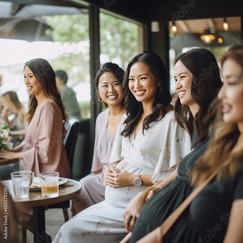 Group of happy asian pregnant women sitting in cafe and laughing.