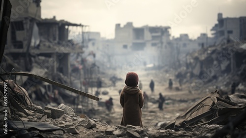 Civilian refugee affected from aggression of war and battle escape city from war zone which has no little comeliness photo
