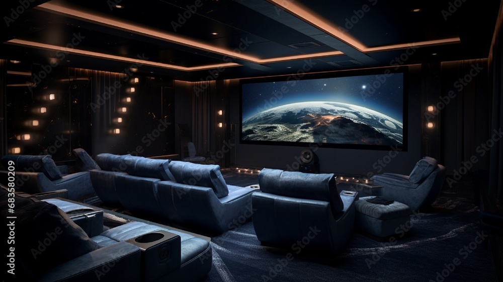 A high-tech cinema room with plush seating, a large screen, and ambient lighting for a premium movie experience.