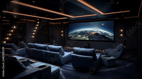 A high-tech cinema room with plush seating, a large screen, and ambient lighting for a premium movie experience. © Creative artist1