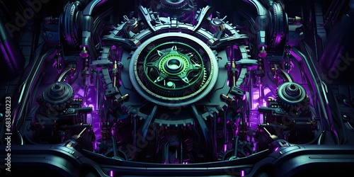 futuristic concept with robot gears in the background, purple and green lights, generative AI