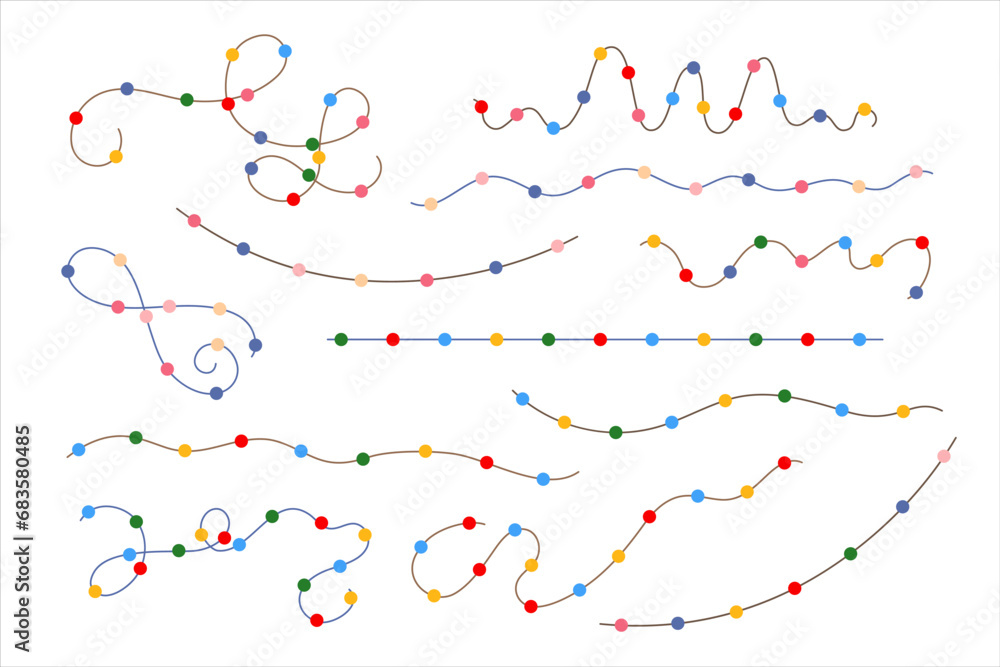 Naklejka premium Christmas colorful multicolored lights curly string garlands set simple doodle hand drawn vector illustration, flat style cartoon image for winter New Year holiday, birthday events design