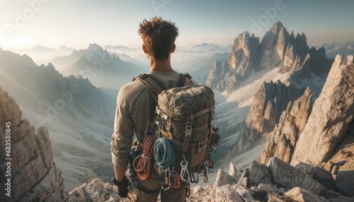 Active adventure hiking - mountaineer man with backpack, lifestyle concept, mountainous outdoor background photo