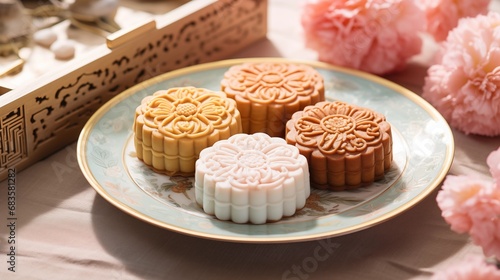 Traditional Chinese mid autumn festival mooncakes arranged on decorative plate
