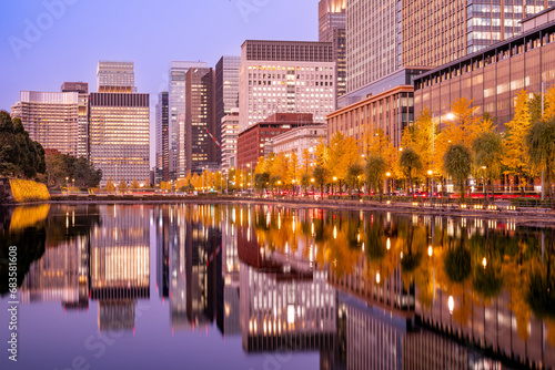 Night view of Marunouchi and Hibiya in Tokyo with water reflection during autumn