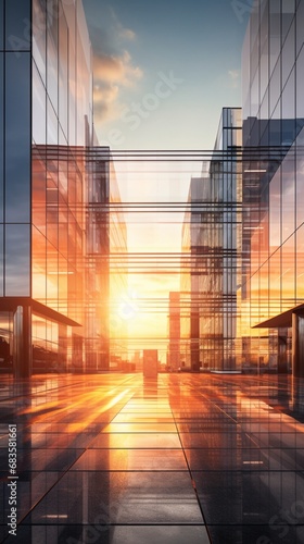 A modern industrial office building at sunrise, with the sunlight reflecting off its glass facade.