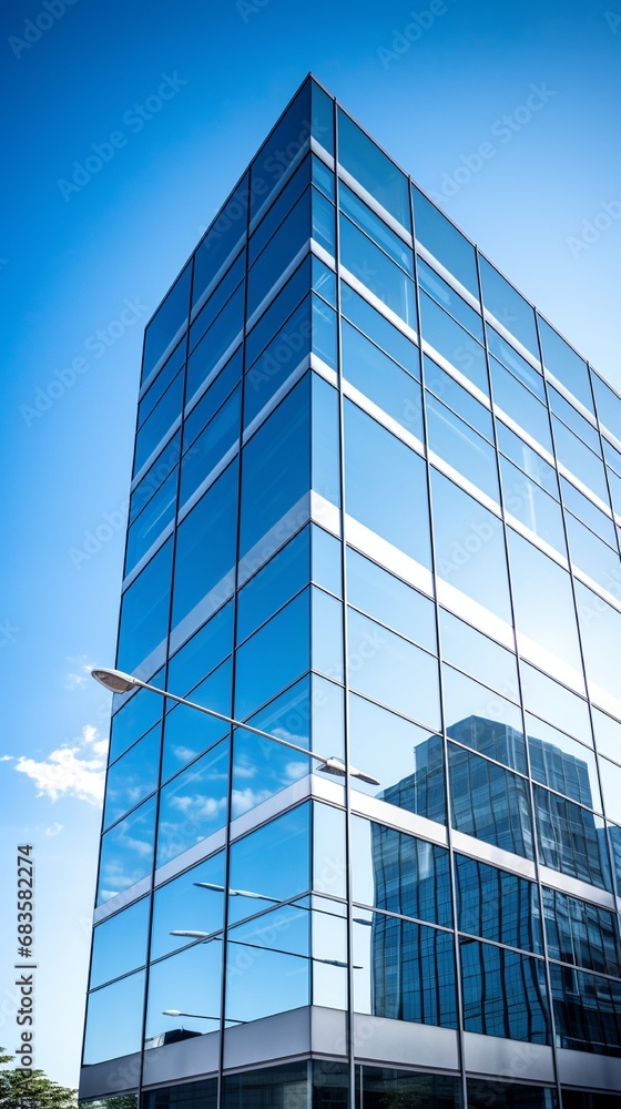 A shot from across the street capturing a modern office building's glass facade against a clear blue sky.