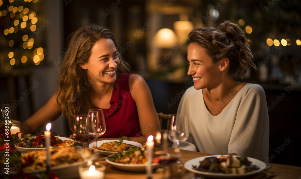 Two elegant smiling women look at each other romantically in a restaurant against the background of a cozy festive interior. Sincere female friendship