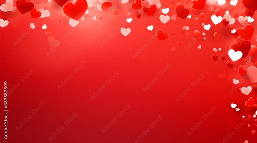 Confetti in the form of bright hearts on a red background. Valentine's Day banner for greeting cards, wedding invitations, gift packages