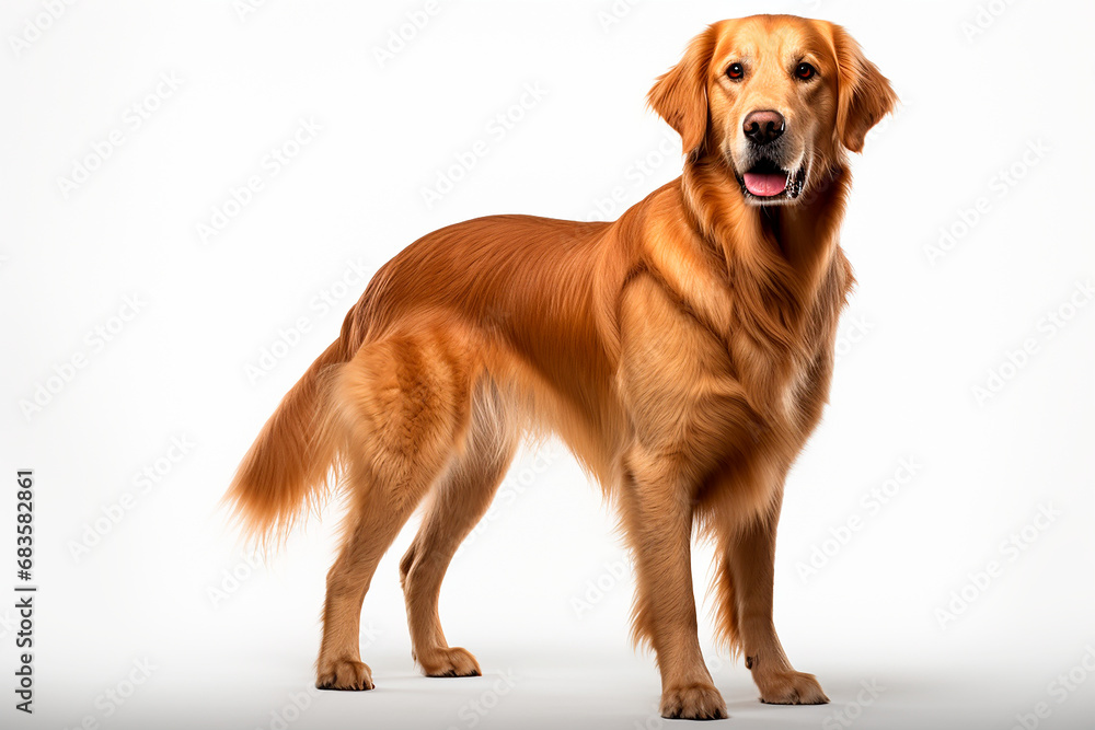 Golden Retriever dog standing on a white background. Animal right-side portrait. Golden Retriever dog standing on a white background. Animal right-side portrait.