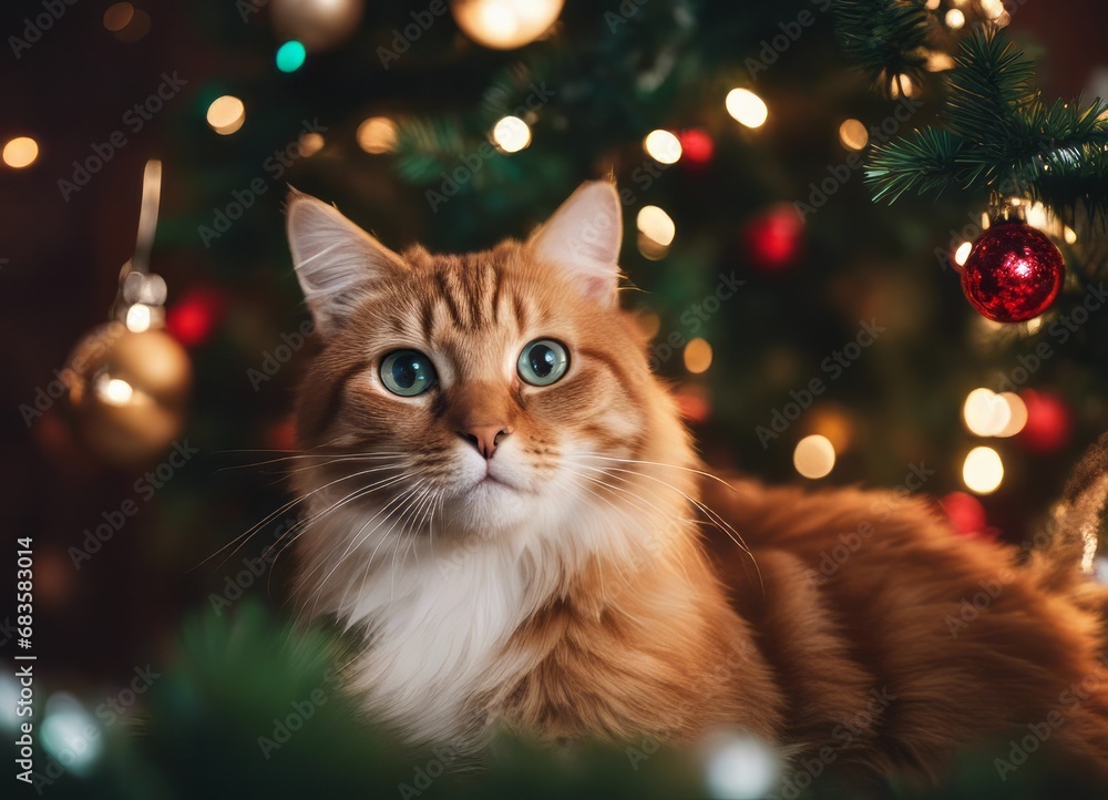 A cat in a Santa Claus hat and a bow on his neck sits under the New Year's tree among New Year's gifts A cat in a Santa Claus hat and a bow on his neck sits under the New Year's tree among New Year's gifts