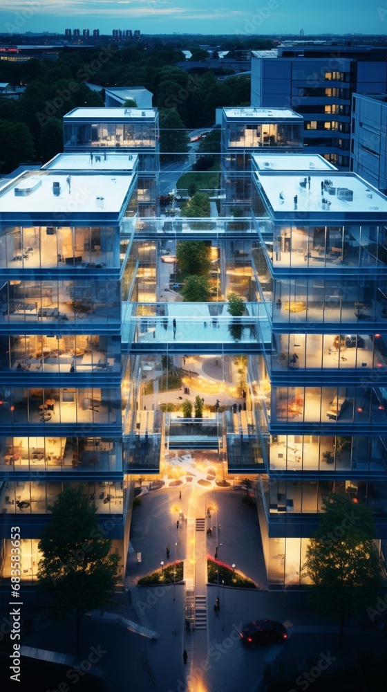 A bird's eye view of a modern office complex with interconnected glass structures.