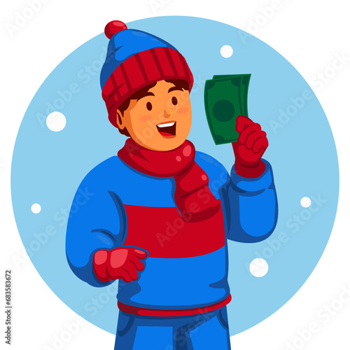 boy Wearing Winter Clothes Holding a money