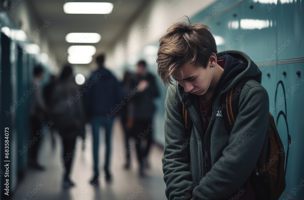 Bullying at school and high school. Upset bullied teen boy suffering sitting against the school locker on the floor in the school corridor. Social problems, children's rights - obrazy, fototapety, plakaty 