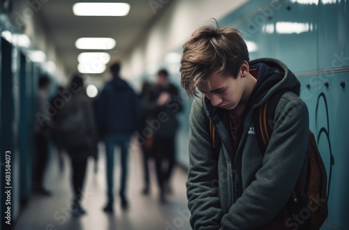 Bullying at school and high school. Upset bullied teen boy suffering sitting against the school locker on the floor in the school corridor. Social problems, children's rights