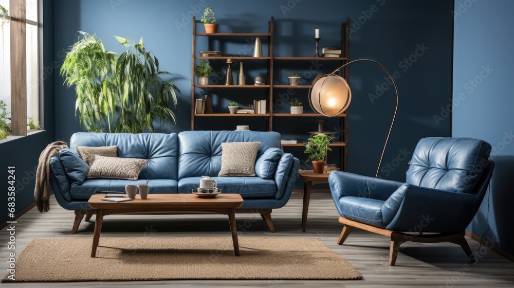 Dark blue sofa and recliner chair in scandinavian apartment. Interior design of modern living room Dark blue sofa and recliner chair in scandinavian apartment. Interior design of modern living room