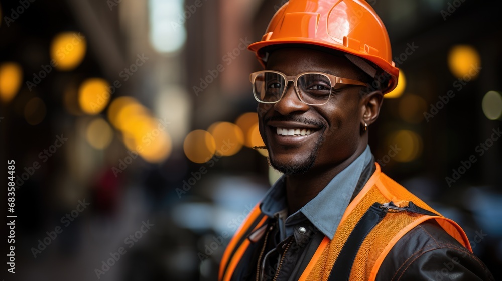 Smiling Construction Worker: A photo of a construction worker smiling, showing his positive attitude Smiling Construction Worker: A photo of a construction worker smiling, showing his positive attitude