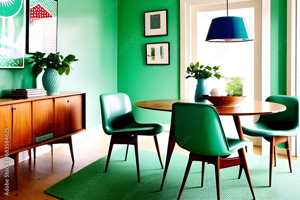 Fototapeta premium Mint color chairs at round wooden dining table in room with sofa and cabinet near green wall. Scandinavian, mid-century home interior design of modern living room. Generative AI