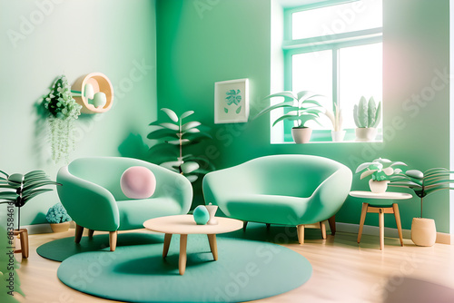Mint color chairs at round wooden dining table in room with sofa and cabinet near green wall. Scandinavian, mid-century home interior design of modern living room. Generative AI © HYEJIN
