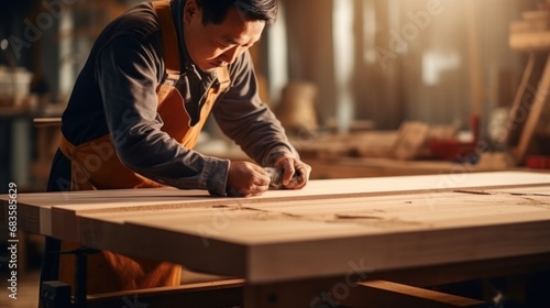 man owner a small furniture business is recheck order online. carpenter male is adjust wood to the desired size. architect, designer, Built-in, professional wood, craftsman, workshop..
