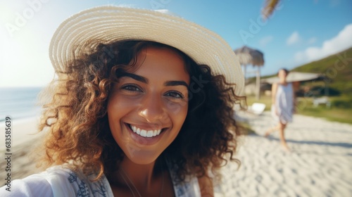 closeup shot of a good looking female tourist. Enjoy free time outdoors near the sea on the beach. Looking at the camera while relaxing on a clear day Poses for travel selfies smiling happy tropical #683585639