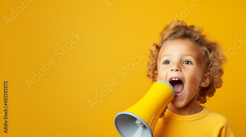 Happy surprised child on yellow background, ai generated photo