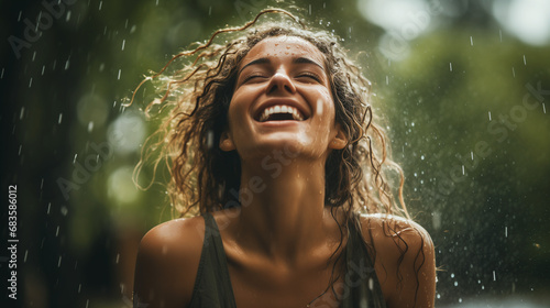 portrait of a woman enjoing the rain, ai generated