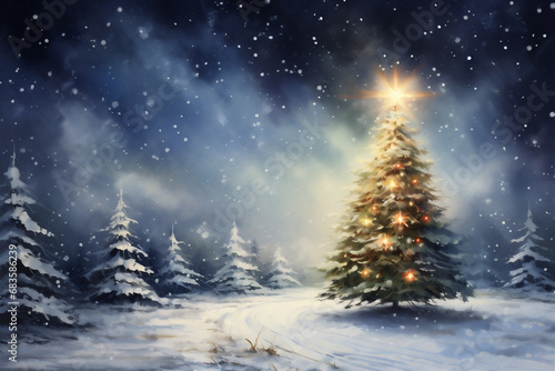 Watercolor Painting, Christmas Evergreen Tree, Generative AI © HRTNT Media