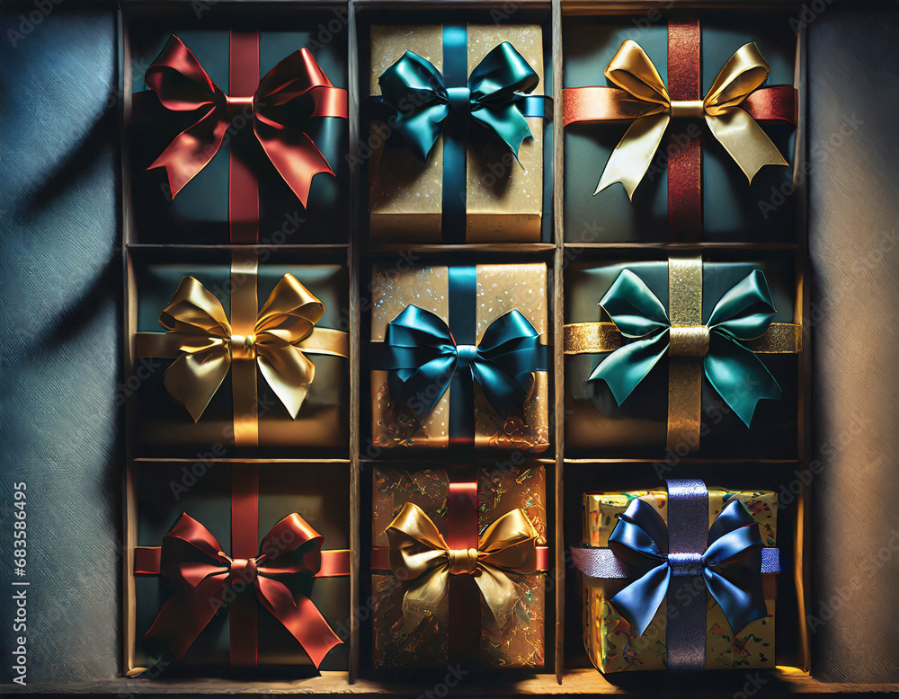 Wrapped Christmas gifts with bows, flat lay