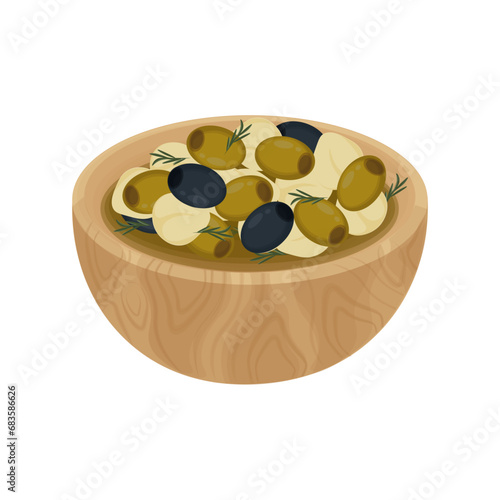 Vector illustration of  marinating mozzarella cheese balls with olive on a wooden bowl