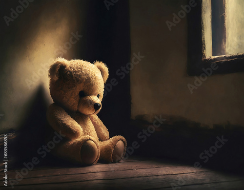 Sad and lonely teddy bear at the floor in the corner of dark room. Child abuse, depression or mental illness concept.