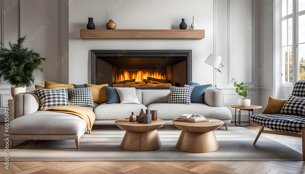 Fototapeta premium Cozy modern room design with white sofa and fireplace, cozy peaceful atmosphere of a beautiful home, modern space design,