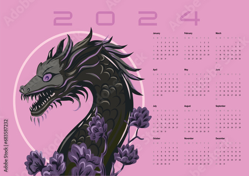 Calendar Dragon 2024. Vector poster calendar oriental Chinese New Year. Year of the Dragon paper cut. Bright colored zodiac dragon. Poster card