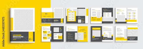 Company profile business brochure template with yellow modern shape. 16 pages a4 brochure template layout design