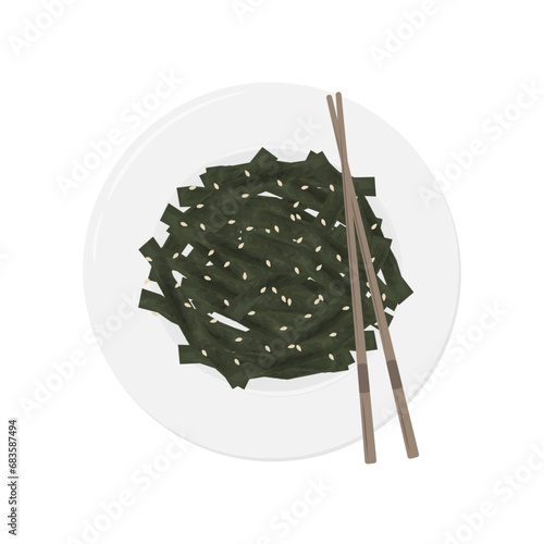 Japanese wakame salad or fresh seaweed salad vector illustration logo