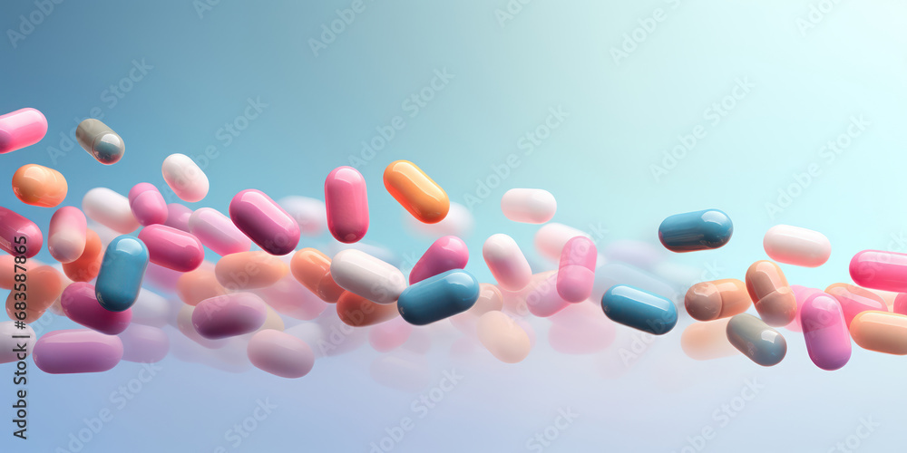 An array of flying pills, captured against a soft, pastel-colored background An array of flying pills, captured against a soft, pastel-colored background