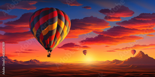 The colorful spectacle of a hot air balloon set against the warm hues of a sunset sky