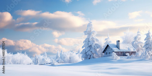 Secluded cabin among snow-covered trees and hills under a crisp winter sky © Putra