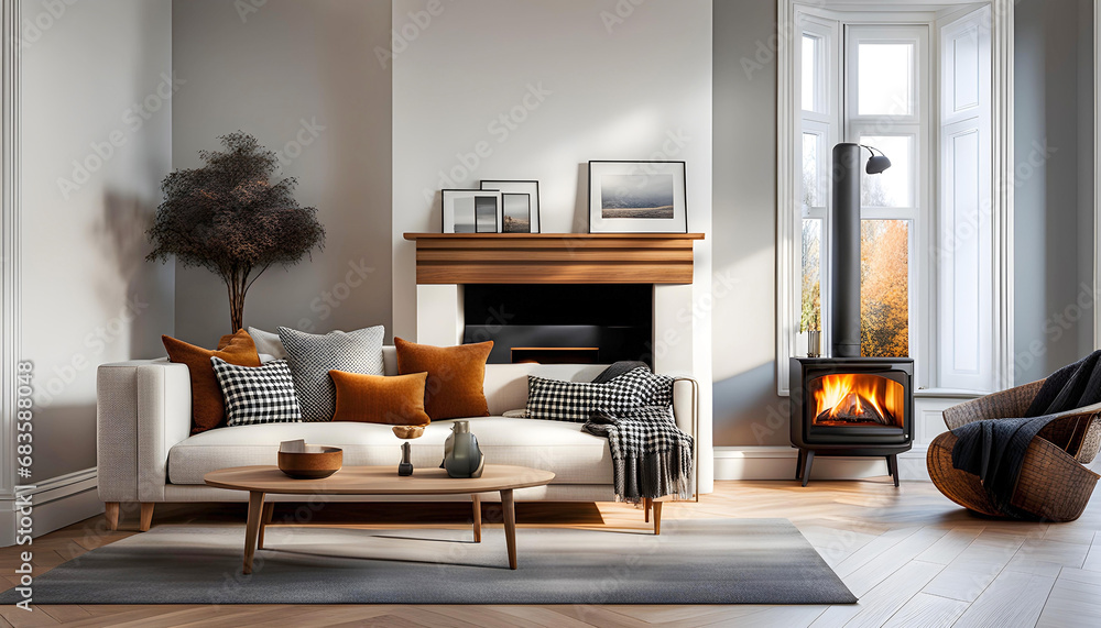 Fototapeta premium Cozy modern room design with white sofa and fireplace, cozy peaceful atmosphere of a beautiful home, modern space design,