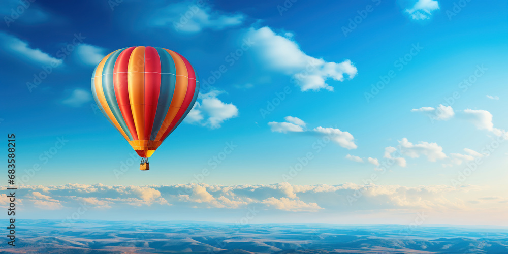 Vibrant hot air balloon floats gracefully in a sky of deep azure blue Vibrant hot air balloon floats gracefully in a sky of deep azure blue
