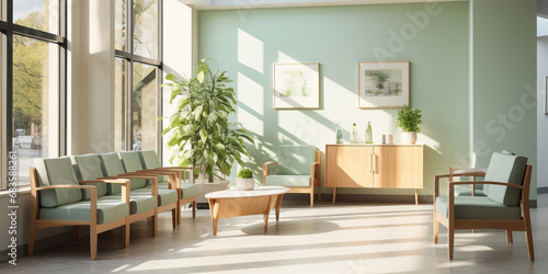 The inviting interior of a hospital waiting room, featuring modern design and soft green tones