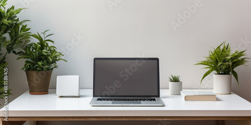 Focused individual browses web pages on a laptop in a modern  minimalist white home office
