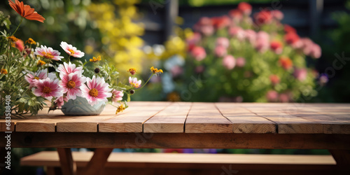 Simple wooden table in the foreground  with a vibrant garden visible behind