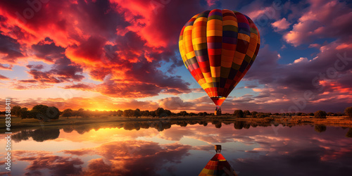 The colorful spectacle of a hot air balloon set against the warm hues of a sunset sky photo