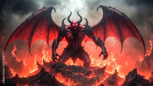 A Demon is a rare type of infernal that is characterized by being horned and having a stronger heat signature compared to normal infernals. 4K - 8K - 12K TV. Generative AI. photo