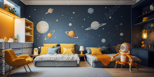 Child bedroom becomes a galaxy adventure, featuring yellow spaceships on sapphire blue walls photo