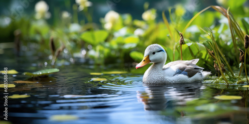 Peaceful duck swims on a calm blue lake, surrounded by lush greenery photo