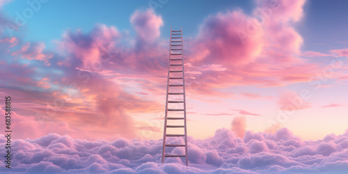 The surreal image of a ladder ascending into a sky painted with the pastel colors of dawn