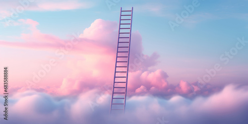 The surreal image of a ladder ascending into a sky painted with the pastel colors of dawn