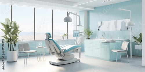 Modern dental room with sleek design  set against calming light blue walls